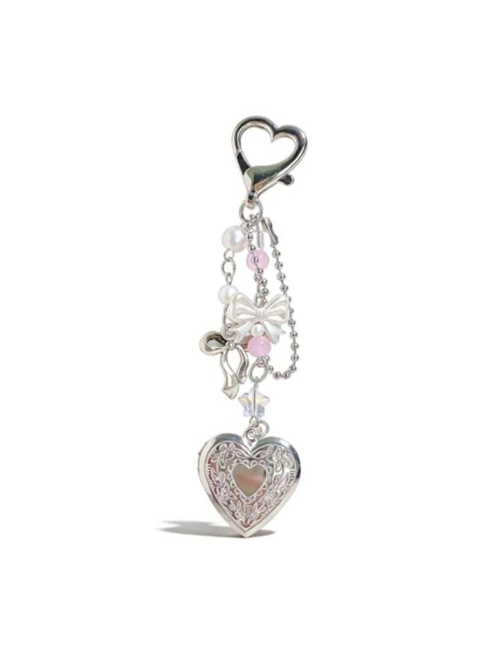 Heart Bow Photo Locket Keychain Kawaii Y2K Bag Charm Purse Accessory